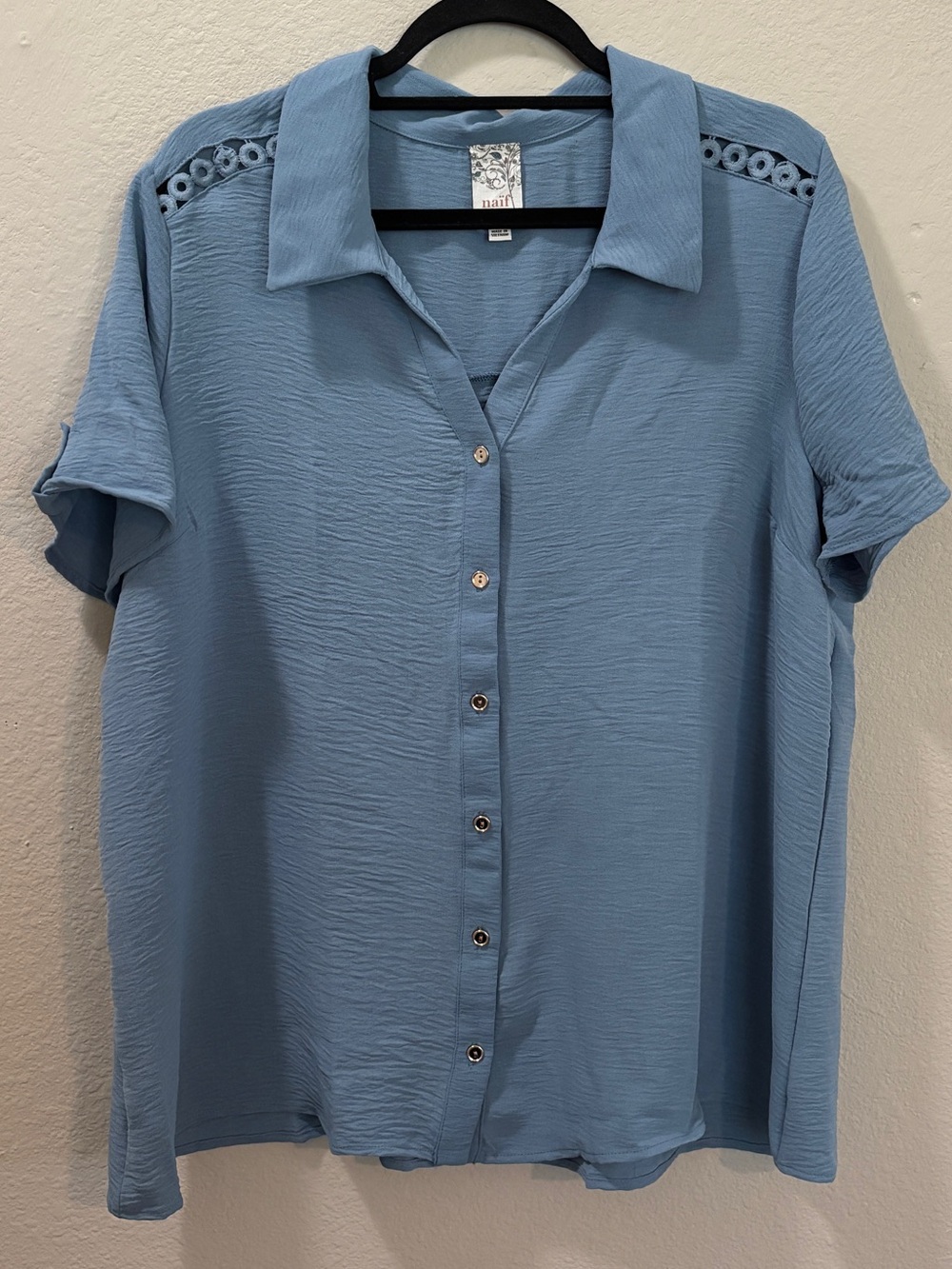 NAIF Light Denim Crochet Shoulder Button Front Blouse Size 2X
